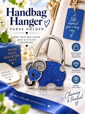 Handbag Hanger - Purse Holder Sparkling BLUE Elephant Bag‎ Hook Bag Protector.